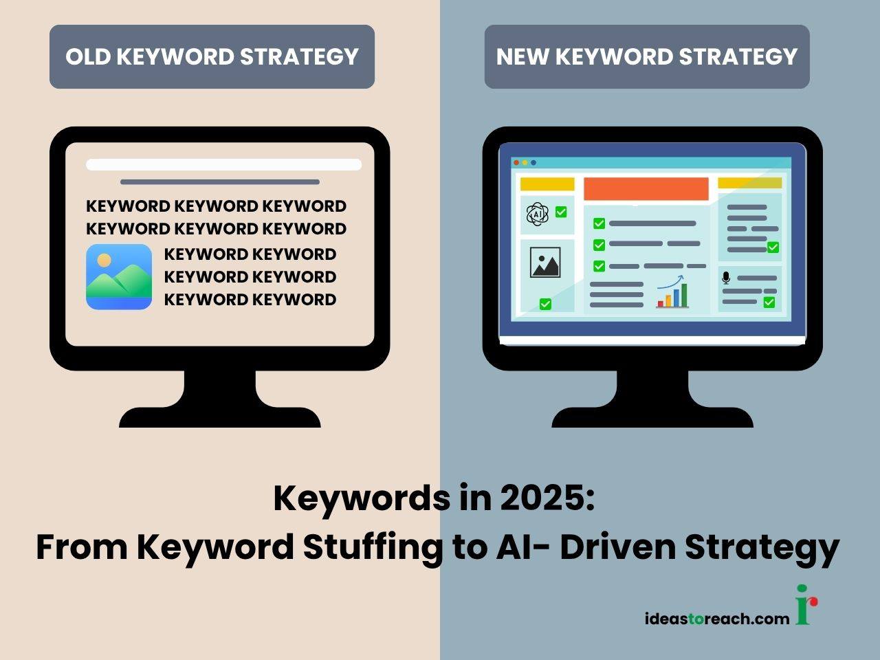 Old vs. new Keyword strategy illustration showing keyword stuffing on one side and modern AI-driven keyword strategy on the other. Highlights how keyword usage has changed in 2025.